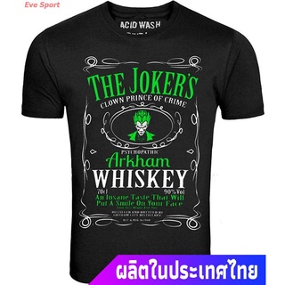 ROUNDคอลูกเรือNeckโจ๊กเกอร์ ผู้ชาย The Jokers Arkham Whiskey Put A Smile ON Your FACE T Shirt Black sale เสื้อยืดคอกลม-4