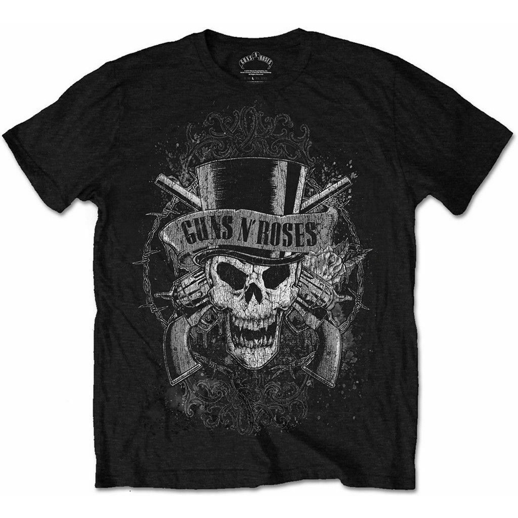 เสื้อผู้ชายเท่-เสื้อยืดสําหรับผู้ชาย-k-official-guns-n-roses-เสื้อยืดสีซีดจางกะโหลกสีดําคลาสสิก