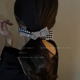 Korean version diamond-encrusted bow hair tie black and white contrast color checkerboard hair rope tied hair temperamen