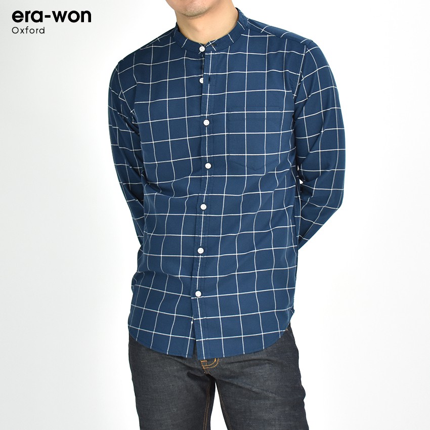 erawon-shop-1717bw-เสื้อเชิ้ตผู้ชายแขนยาว-อ็อกส์ฟอร์ด-คอจีน-graph-checked-mandarin-collar-ทรง-regular-fit-สี-blue-world