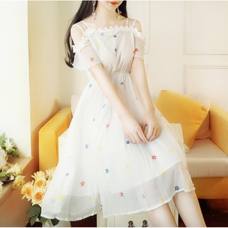 ‼️SALE‼️พร้อมส่ง ALYABOOMTY White Shoulder Off Star Print Dress