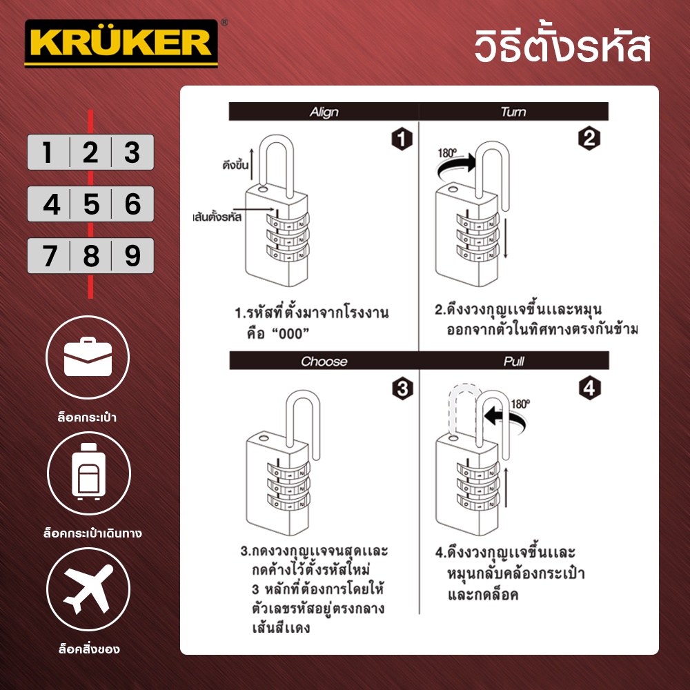 ซื้อ1แถม1-kruker-กุญแจรหัสอลูมิเนียม-สีแดง-ล็อคกระเป๋า-กระเป๋าเดินทาง-ตู้ล็อคเกอร์-ตู้จดหมาย-ส่งฟรี