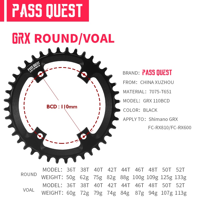 pass-quest-shimano-grx-110-bcd-แหวนโซ่อลูมิเนียม-36-52t-สําหรับ-grx-groupset-5700-6800-shimano-groupset