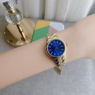 🎀 (สด-ผ่อน) นาฬิกา สีทอง หน้าปัด สีน้ำเงิน กล่องแบรนด์ ขนาด 30 มิล BQ3633 FOSSIL Rye Three-Hand Date Gold-Tone Stainless