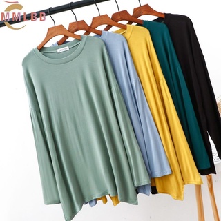 เสื้อยืดลําลอง แขนยาว คอกลม ทรงหลวม ขนาดใหญ่ 45-100 กก. 9 สี สําหรับสตรี