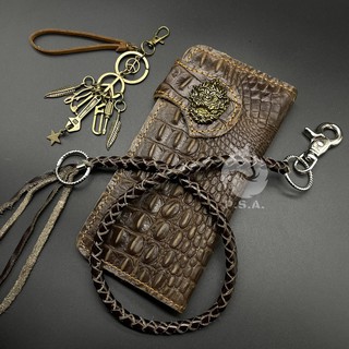สินค้า กระเป๋าหนังแท้อัดลายจระเข้ พร้อมสายหนังและพวงกุญแจ กระเป๋าสตางค์ สไตล์วินเทจ A014