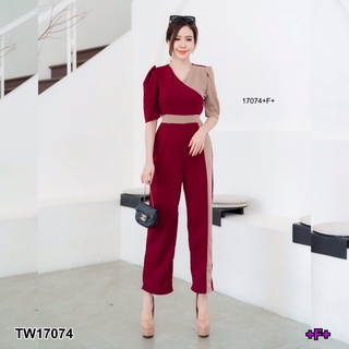 TW17074 Jumpsuit จั้มสูทแขนสั้น ทูโทน เนื้อผ้าวูเวฟ เอวมีสายผูกเก็บทรงชุด มีซิปซ่อนด้านหลัง