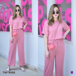 TW14998 Set 2 ชิ้น #สาวอวบ เสื้อครอป คอกลม แขนสั้น กับกางเกงขายาว มีกระเป๋าล้วง 2 ข้าง เนื้อผ้าเฟรนวูล