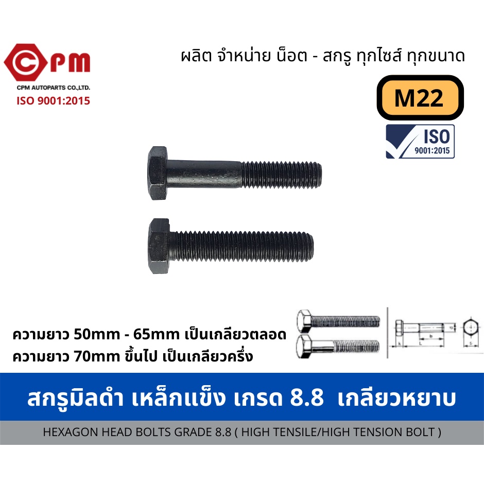 สกรูมิลดำ-เหล็กแข็ง-เกรด-8-8-เกลียวหยาบ-2-5-m22-hexagon-head-bolts-grade-8-8-high-tensile-high-tension-bolt