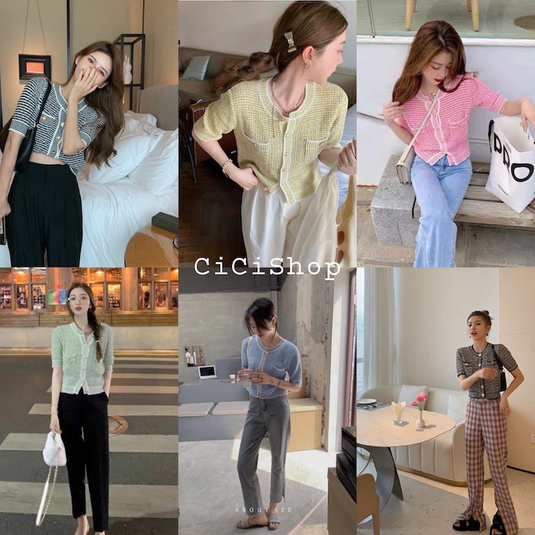 ภาพหน้าปกสินค้าCicishop(พร้อมส่ง)เสื้อไหมพรมแขนสั้นคอกลมลายstrip ดีเทลกระดุมผ่ากลาง(6818-1)