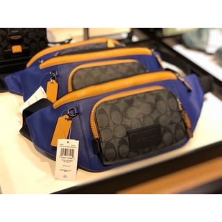 (ผ่อน0%) TRACK BELT BAG IN COLORBLOCK SIGNATURE CANVAS (COACH C6652) กระเป๋าคาดอก คาดเอว หนังแท้ สีน้ำเงิน 16 นิ้ว