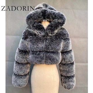Zadorin เสื้อโค้ทแจ็กเก็ต ขนเฟอร์เทียม มีฮู้ด คุณภาพสูง แฟชั่นฤดูหนาว สําหรับผู้หญิง