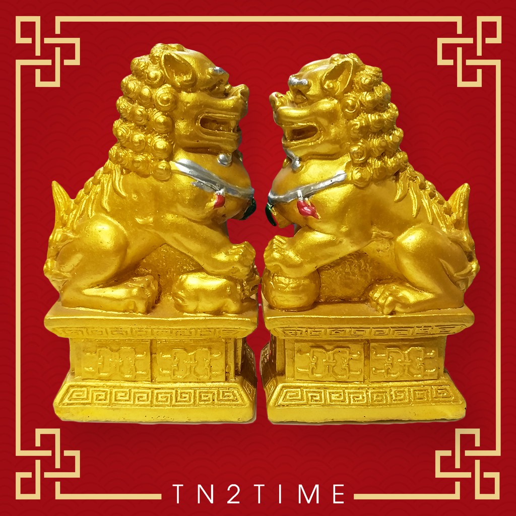 tn2time-สิงห์โตคู่-สีทอง-รูปปั้นหินทราย-สูง-4-5-นิ้ว-ช่วยสลายพลังปราณชี่พิฆาต-และช่วยเรียกโชคลาภ