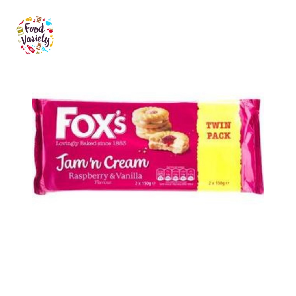 Fox's Jam 'n' Cream Biscuit Twin Pack 2x150g ฟ็อกส์ บิสกิตสอดไส้แยมราสเบอร์รี่และครีม แพ็คคู่