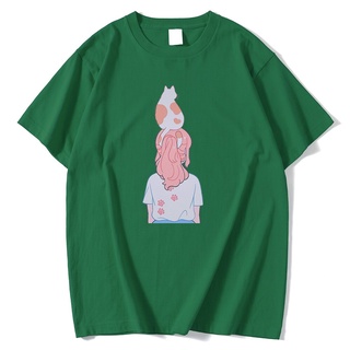 [COD]เสื้อยืดแขนสั้น ผ้าฝ้าย แบบนิ่ม ระบายอากาศได้ดี พิมพ์ลายการ์ตูนแมวน่ารัก สีชมพู แฟชั่นสําหรับผู้ชาย