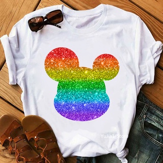 เสื้อยืด Glitter Rainbow LGBT print t-shirt womens clothing mouse ears tshirt femme summer fashion tee shirt female