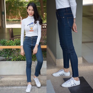 Cc jeans #110 กางเกงยีนส์ผู้หญิง ขายาว เอวสูงสีเข้ม กระเป๋าแต่งลาย