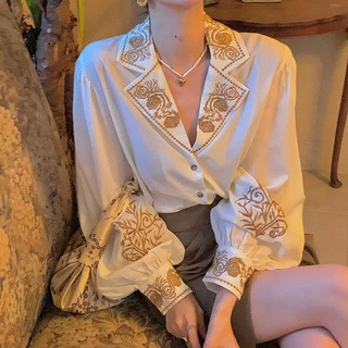 เสื้อเชิ้ตแขนสั้นปักลายสไตล์ฮ่องกงฝรั่งเศสย้อนยุคโคมไฟแขนปักเสื้อผู้หญิง