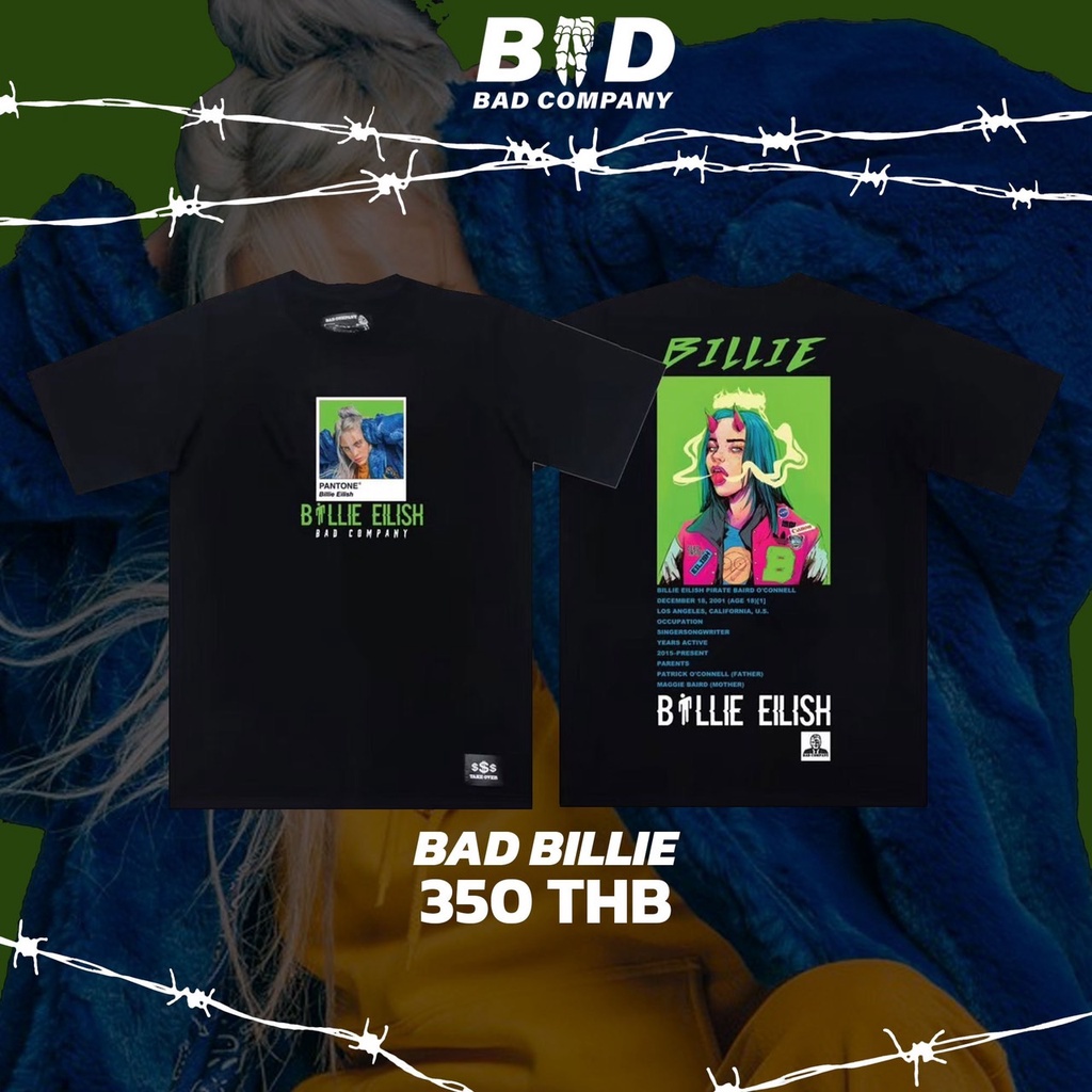 เสื้อยืดสกรีนลายbillie-eilisg-freesize-อก44-45-ยาว30-cotton-comb100-ทอพิเศษ-ไม่มีตะเข็บข้าง-bad-company