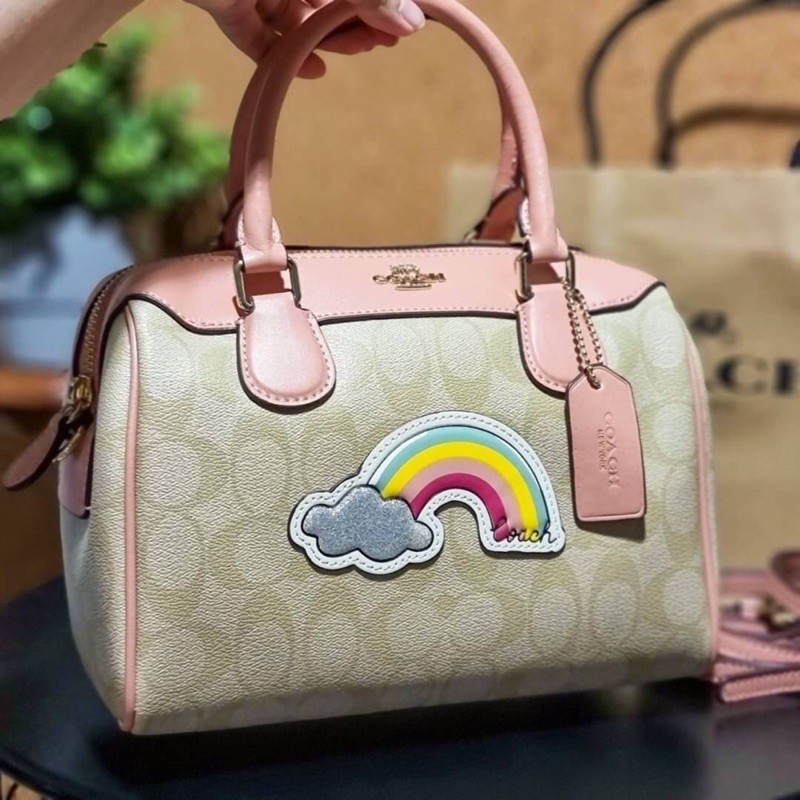 Coach F73122 Signature Mini Bennett Satchel Khaki Rainbow Light Coral