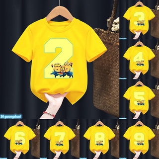 เสื้อยืดแขนสั้น พิมพ์ลายการ์ตูนมินเนี่ยน Dave Stuart Tim Jerry Mel Happy Birthday Number 2-9 สีเหลือง สําหรับเด็กผู้ชาย และเด็กผู้หญิง 2023