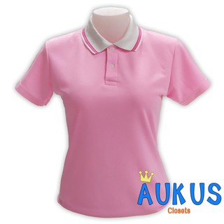 เสื้้อโปโลผู้หญิงเข้ารูป สีชมพูอ่อน ปกขาวขลิบชมพู3เส้น แขนปล่อย