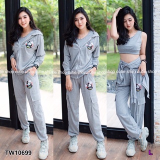 TW10699 Set Sport Jacket 3 ชิ้น เสื้อแจ็คเก็ตแขนยาวมีฮู้ด สกรีนลายการ์ตูนหน้าหลัง กางเกงขายาว กับบราชั้นในตัวสั้นจั้มเอว