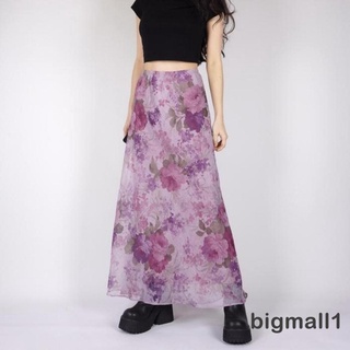 BIGMALL-Women Floral Print Skirt, Elastic High Waist Mesh Loose Hem Casual Daily Summer Clothes