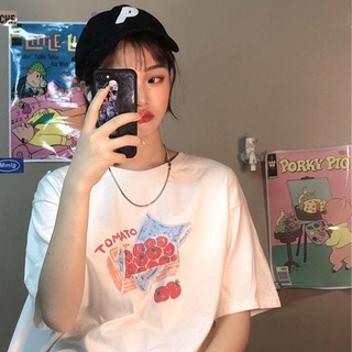 เสื้อยืดแขนสั้นสีขาวนักเรียนฤดูร้อนสไตล์เกาหลีพิมพ์หลวม