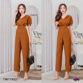 TW17452 Jumpsuit จั้มสูท ขายาว ช่วงอกจับจีบ อกป้าย ทรงแขนพอง ช่วงเอวติดกระดุม งานเรียบหรู ทรงเข้ารูปสวย งานน่ารักๆดีไซน์