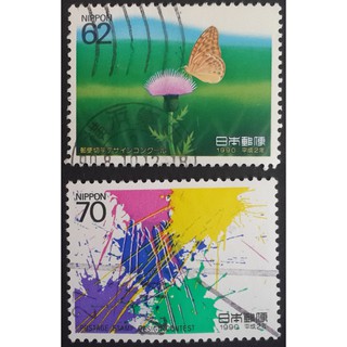 J234 แสตมป์ญี่ปุ่นใช้แล้ว ชุด Winning Entries in Postage Stamp Design Contest ปี 1990 ใช้แล้ว สภาพดี ครบชุด 2 ดวง