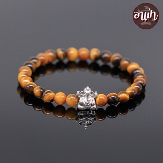 หินไทเกอร์อายส์ พลอยตาเสือ Tiger Eye ขนาด 6 มิล ประดับ พระพิฆเนศ เงินแท้ 92.5% ชุปทองคำขาว หินตาเสือ หินสีน้ำตาล