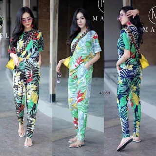 set 2 ชิ้น เสื้อแขนทรงทรงหลวม งานพิมพ์ลายใบไม้