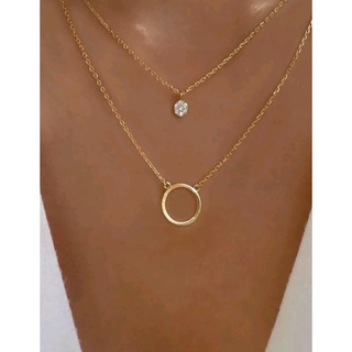 สร้อยคอแฟชั่น สร้อยคอจี้กลม ดอกไม้ สร้อยคอ 2 ชั้น Circle Pendent Layered Necklace (ส่งจากไทย)