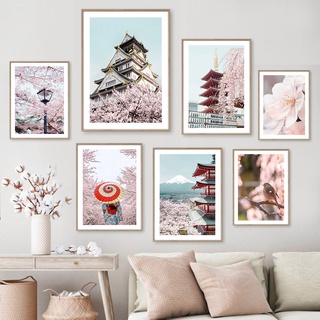 โปสเตอร์ภาพวาดผ้าใบ รูปภูเขาไฟฟูจิ โตเกียว ซากุระ สีชมพู สไตล์นอร์ดิก สําหรับตกแต่งผนัง ห้องนั่งเล่น