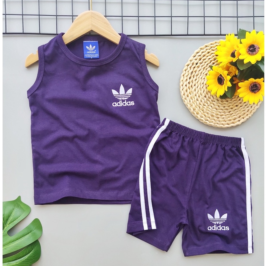 ชุดเซ็ตเด็ก-ชุดนอนเด็ก-งานปักลาย-กราฟฟิค-ad-สีม่วง-เสื้อกล้ามผ้ายืด-กางเกงขาสั้นตีแถบ-แฟชั่นชุดเด็ก-1ชุด