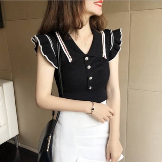C รุ่น 401 NEW  เสื้อแฟชั่นผู้หญิงไหมพรมคอปกหน้ากระดุม แต่งแขนแบบระบายนิกนึง  สไตล์เกาหลีผ้านิ่มใส่สบายผ้านุ่ม
