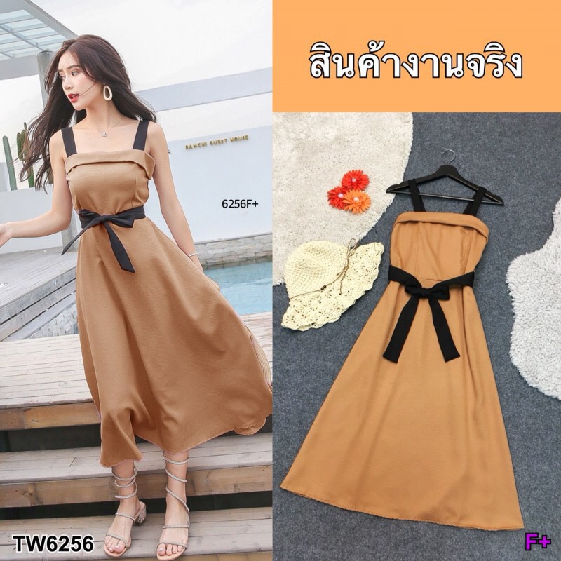 tw6256-เดรสยาวสายเดี่ยว-แต่งสีทูโทน-เนื้อผ้าโฟร์เวย์-มี-7-สี