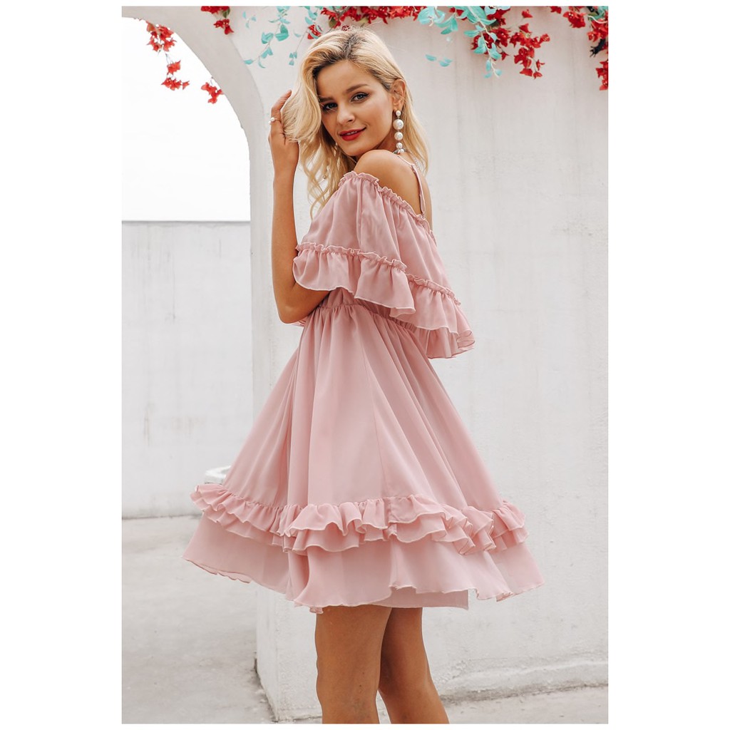 sale-พร้อมส่ง-simplee-pink-elegant-ruffle-strap-shoulder-off-chiffon-dress