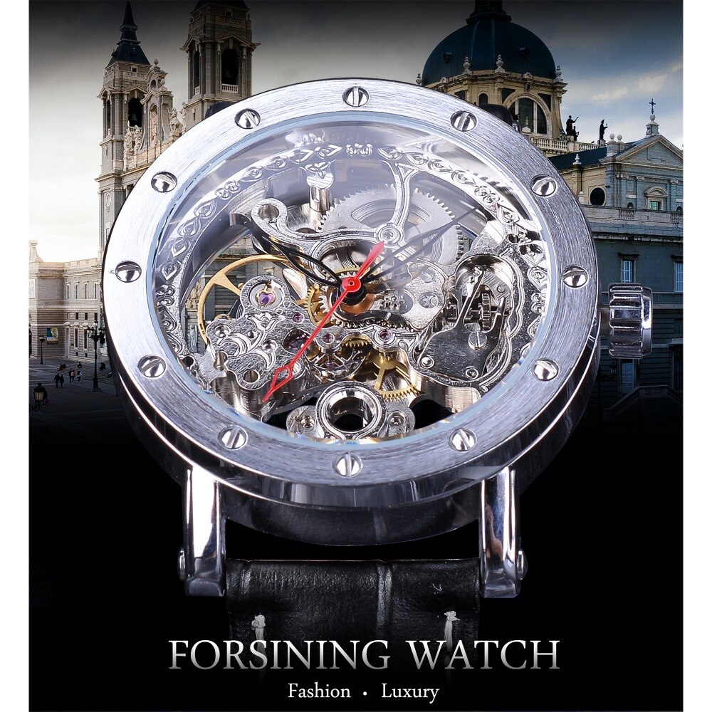 forsining-นาฬิกาข้อมือสายหนังสีดำสีดำ
