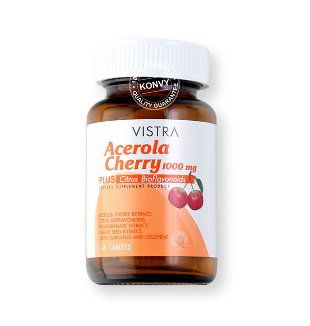 ข้อมูลเพิ่มเติมของ Vistra Acerola Cherry 1000mg PLUS Citrus Bioflavavonoids 45 Tablets วิสทร้า ผลิตภัณฑ์เสริมอาหารอะเซโรลาเชอรี่ 1000 มก. และซิตรัส ไบโอฟลาโวนอยด์ พลัส.