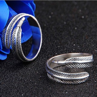 Goth Style Titanium Steel Leaf Ring Antique Silver Feather Men Ring Adjustable