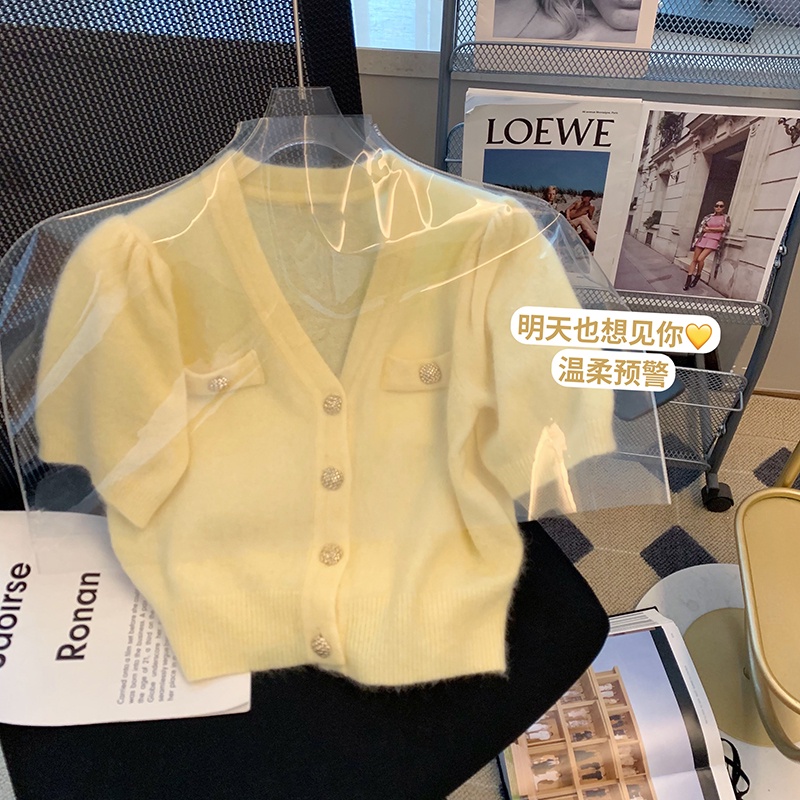 เสื้อท็อปแขนสั้น-คอวี-ผ้าถัก-ขนาดเล็ก-สีเหลือง-แฟชั่นฤดูร้อน-สําหรับผู้หญิง-2022