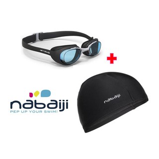 แว่นตาว่ายน้ำ+หมวกว่ายน้ำ สุดคุ้ม Nabaiji แท้ 💯% (สีดำ)