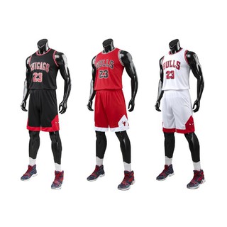 ชุดกีฬาผู้ใหญ่ ชุดบาส ลาย bulls / chicago สี ขาว / แดง / ดำ