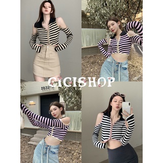 Cicishop(50058)เสื้อแขนยาวดีเทลเว้าไหล่ ลายทาง มีซิปหน้าทอสีสลับน่ารักมากๆได้ลุคโคเรีบสุดๆๆ