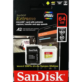 สินค้า Sandisk MicroSD Extreme 64GB 160MB/s A2 ประกัน Synnex Lifetime (SDSQXA2_064G_GN6MA)