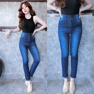 Cc jeans 154 S-2XL กางเกงยีนส์ผู้หญิง ทรงเดฟ 2 กระดุม รอบเอวสูง ปลายขาตัดรุ่ย