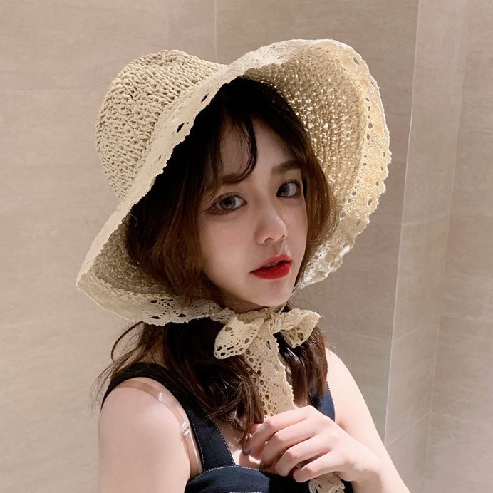 หมวก-ny-หมวกสาน-บัคเก็ต-แฮนด์เมด-สไตล์วินเทจ-ผลิตจากวัสดุธรรมชาติ-แบบมีสายริบบิ้นลูกไม้-sh014