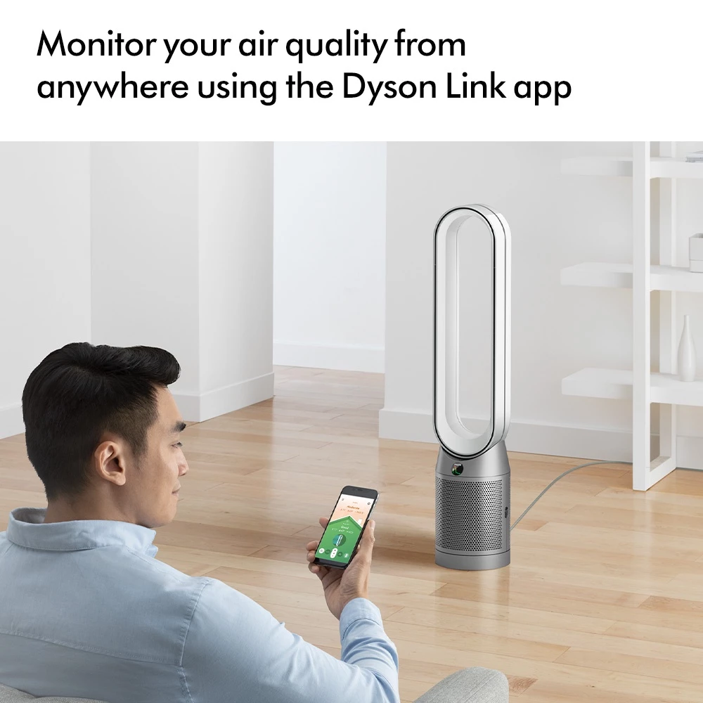 Dyson รุ่น TP07 เครื่องฟอกอากาศและพัดลมไร้ใบพัด (สีขาว/เงิน) ระบบกรอง HEPA H13 ปิดผนึก ดักจับฝุ่น PM2.5 และสารก่อภูมิแพ้ ควบคุมผ่านแอปพลิเคชัน